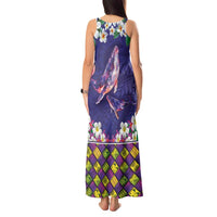 Hawaiian Plumeria and Humpback Whales Tank Maxi Dress Polynerian Art Tattoo-Navy Color