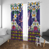 Hawaiian Plumeria and Humpback Whales Window Curtain Polynerian Art Tattoo-Navy Color