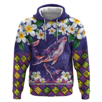 Hawaiian Plumeria and Humpback Whales Zip Hoodie Polynerian Art Tattoo-Navy Color