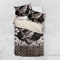 Hawaiian Plumeria and Humpback Whales Bedding Set Polynerian Art Tattoo-Grayscale Mode LT03 US Twin 172cm x 218cm Black - Polynesian Pride
