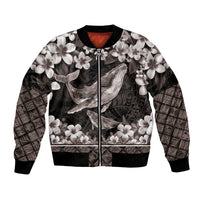 Hawaiian Plumeria and Humpback Whales Bomber Jacket Polynerian Art Tattoo-Grayscale Mode