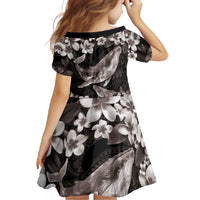 Hawaiian Plumeria and Humpback Whales Family Matching Long Sleeve Bodycon Dress and Hawaiian Shirt Polynerian Art Tattoo-Grayscale Mode