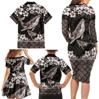 Hawaiian Plumeria and Humpback Whales Family Matching Long Sleeve Bodycon Dress and Hawaiian Shirt Polynerian Art Tattoo-Grayscale Mode