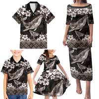 Hawaiian Plumeria and Humpback Whales Family Matching Puletasi and Hawaiian Shirt Polynerian Art Tattoo-Grayscale Mode