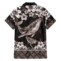 Hawaiian Plumeria and Humpback Whales Family Matching Puletasi and Hawaiian Shirt Polynerian Art Tattoo-Grayscale Mode