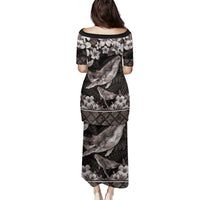 Hawaiian Plumeria and Humpback Whales Family Matching Puletasi and Hawaiian Shirt Polynerian Art Tattoo-Grayscale Mode