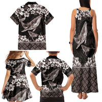 Hawaiian Plumeria and Humpback Whales Family Matching Tank Maxi Dress and Hawaiian Shirt Polynerian Art Tattoo-Grayscale Mode