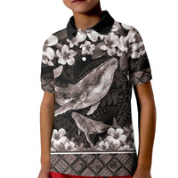 Hawaiian Plumeria and Humpback Whales Kid Polo Shirt Polynerian Art Tattoo-Grayscale Mode LT03 Kid Black - Polynesian Pride