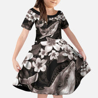 Hawaiian Plumeria and Humpback Whales Kid Short Sleeve Dress Polynerian Art Tattoo-Grayscale Mode LT03 KID Black - Polynesian Pride