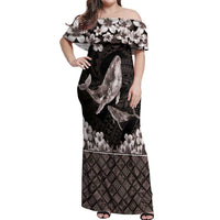 Hawaiian Plumeria and Humpback Whales Off Shoulder Maxi Dress Polynerian Art Tattoo-Grayscale Mode LT03 Women Black - Polynesian Pride