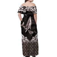 Hawaiian Plumeria and Humpback Whales Off Shoulder Maxi Dress Polynerian Art Tattoo-Grayscale Mode LT03 - Polynesian Pride