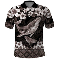 Hawaiian Plumeria and Humpback Whales Polo Shirt Polynerian Art Tattoo-Grayscale Mode