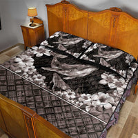 Hawaiian Plumeria and Humpback Whales Quilt Bed Set Polynerian Art Tattoo-Grayscale Mode