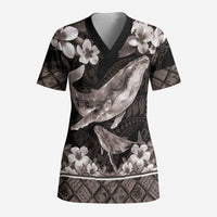 Hawaiian Plumeria and Humpback Whales Scrub Top Polynerian Art Tattoo-Grayscale Mode - Polynesian Pride