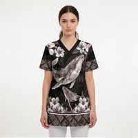Hawaiian Plumeria and Humpback Whales Scrub Top Polynerian Art Tattoo-Grayscale Mode - Polynesian Pride