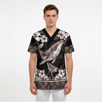 Hawaiian Plumeria and Humpback Whales Scrub Top Polynerian Art Tattoo-Grayscale Mode - Polynesian Pride
