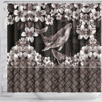 Hawaiian Plumeria and Humpback Whales Shower Curtain Polynerian Art Tattoo-Grayscale Mode