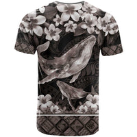Hawaiian Plumeria and Humpback Whales T Shirt Polynerian Art Tattoo-Grayscale Mode