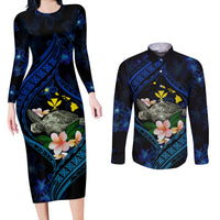 Hawaii Turtle Plumeria Flower Fanciful Couples Matching Long Sleeve Bodycon Dress and Long Sleeve Button Shirt