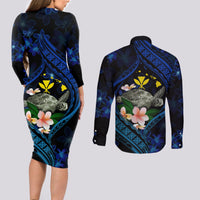 Hawaii Turtle Plumeria Flower Fanciful Couples Matching Long Sleeve Bodycon Dress and Long Sleeve Button Shirt