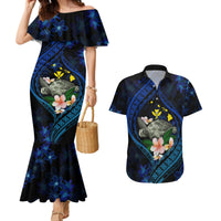 Hawaii Turtle Plumeria Flower Fanciful Couples Matching Mermaid Dress and Hawaiian Shirt LT03 Black - Polynesian Pride
