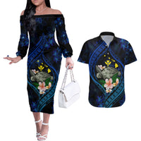 Hawaii Turtle Plumeria Flower Fanciful Couples Matching Off The Shoulder Long Sleeve Dress and Hawaiian Shirt
