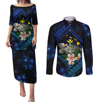 Hawaii Turtle Plumeria Flower Fanciful Couples Matching Puletasi and Long Sleeve Button Shirt LT03 Black - Polynesian Pride