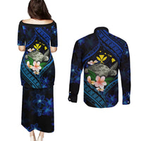 Hawaii Turtle Plumeria Flower Fanciful Couples Matching Puletasi and Long Sleeve Button Shirt LT03 - Polynesian Pride