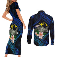 Hawaii Turtle Plumeria Flower Fanciful Couples Matching Short Sleeve Bodycon Dress and Long Sleeve Button Shirt