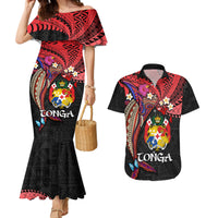 Tonga Emancipation Day Couples Matching Mermaid Dress and Hawaiian Shirt Ngatu Humpback Whale Polynesian Flower LT03 Black - Polynesian Pride