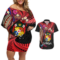 Tonga Emancipation Day Couples Matching Off Shoulder Short Dress and Hawaiian Shirt Ngatu Humpback Whale Polynesian Flower LT03 Black - Polynesian Pride
