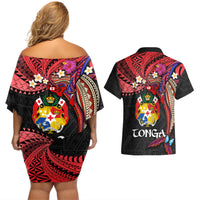 Tonga Emancipation Day Couples Matching Off Shoulder Short Dress and Hawaiian Shirt Ngatu Humpback Whale Polynesian Flower LT03 - Polynesian Pride