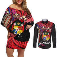 Tonga Emancipation Day Couples Matching Off Shoulder Short Dress and Long Sleeve Button Shirt Ngatu Humpback Whale Polynesian Flower LT03 Black - Polynesian Pride