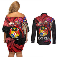 Tonga Emancipation Day Couples Matching Off Shoulder Short Dress and Long Sleeve Button Shirt Ngatu Humpback Whale Polynesian Flower LT03 - Polynesian Pride
