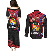 Tonga Emancipation Day Couples Matching Puletasi and Long Sleeve Button Shirt Ngatu Humpback Whale Polynesian Flower LT03 - Polynesian Pride