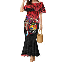 Tonga Emancipation Day Mermaid Dress Ngatu Humpback Whale Polynesian Flower LT03 Women Black - Polynesian Pride