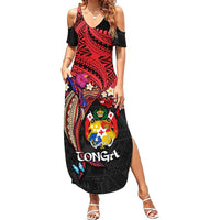 Tonga Emancipation Day Summer Maxi Dress Ngatu Humpback Whale Polynesian Flower LT03 Women Black - Polynesian Pride