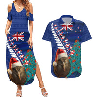 New Zealand Christmas Couples Matching Summer Maxi Dress and Hawaiian Shirt Kiwi Bird Santa and Silver Fern Funny Haka Dance LT03 Blue - Polynesian Pride