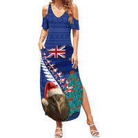 New Zealand Christmas Summer Maxi Dress Kiwi Bird Santa and Silver Fern Funny Haka Dance LT03 Women Blue - Polynesian Pride
