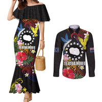 Cook Islands Independence Day Couples Matching Mermaid Dress and Long Sleeve Button Shirt Maroro and Kakaia with Hibiscus Flower Polynesian Pattern