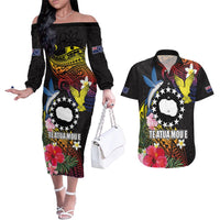 Cook Islands Independence Day Couples Matching Off The Shoulder Long Sleeve Dress and Hawaiian Shirt Maroro and Kakaia with Hibiscus Flower Polynesian Pattern