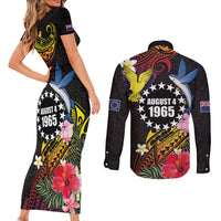 Cook Islands Independence Day Couples Matching Short Sleeve Bodycon Dress and Long Sleeve Button Shirt Maroro and Kakaia with Hibiscus Flower Polynesian Pattern