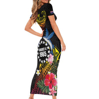 Cook Islands Independence Day Family Matching Short Sleeve Bodycon Dress and Hawaiian Shirt Maroro and Kakaia with Hibiscus Flower Polynesian Pattern