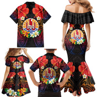 French Polynesia Bastille Day Family Matching Mermaid Dress and Hawaiian Shirt Tiare Flower and National Seal Polynesian Pattern