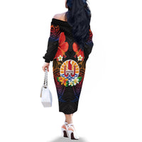 French Polynesia Bastille Day Family Matching Off The Shoulder Long Sleeve Dress and Hawaiian Shirt Tiare Flower and National Seal Polynesian Pattern