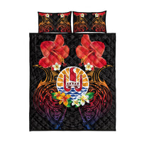 French Polynesia Bastille Day Quilt Bed Set Tiare Flower and National Seal Polynesian Pattern