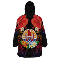French Polynesia Bastille Day Wearable Blanket Hoodie Tiare Flower and National Seal Polynesian Pattern