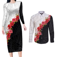 Hawaii Red Hibiscus Flowers Couples Matching Long Sleeve Bodycon Dress and Long Sleeve Button Shirt Polynesian Pattern With Half Black White Version