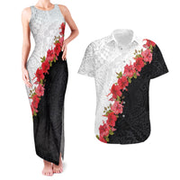 Hawaii Red Hibiscus Flowers Couples Matching Tank Maxi Dress and Hawaiian Shirt Polynesian Pattern With Half Black White Version