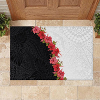Hawaii Red Hibiscus Flowers Rubber Doormat Polynesian Pattern With Half Black White Version